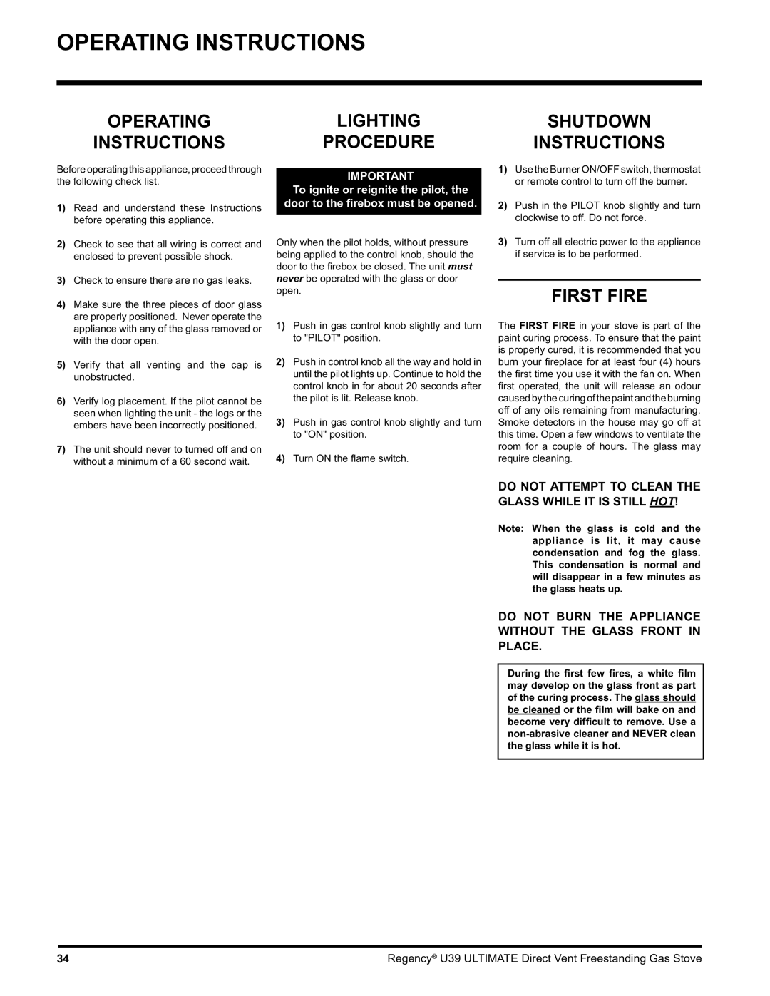 Regency U39-LP1, U39-NG1 installation manual Operating Instructions, Lighting Procedure, Shutdown Instructions, First Fire 