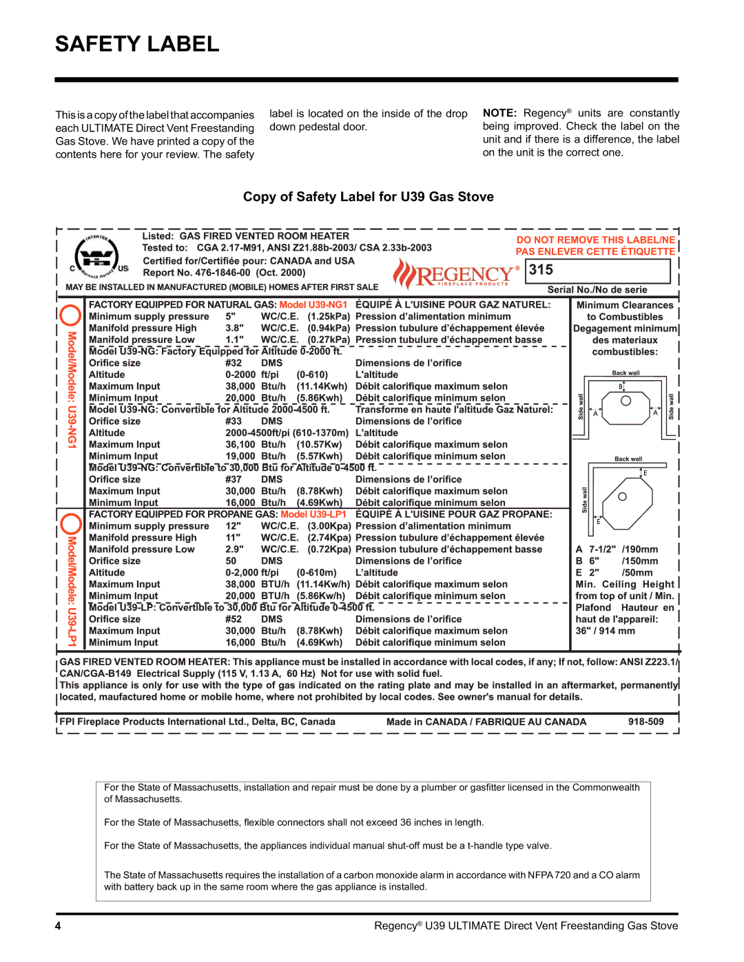 Regency U39-LP1, U39-NG1 installation manual Copy of Safety Label for U39 Gas Stove 