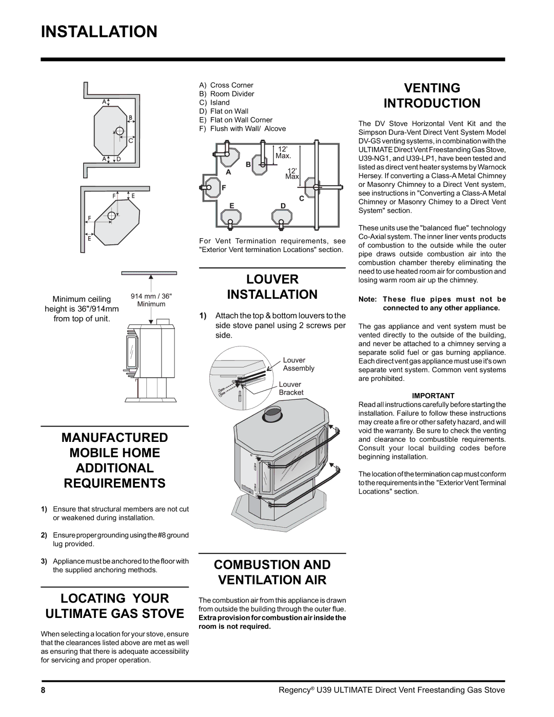 Regency U39-LP1, U39-NG1 Venting Introduction, Manufactured Mobile Home Additional Requirements, Louver Installation 