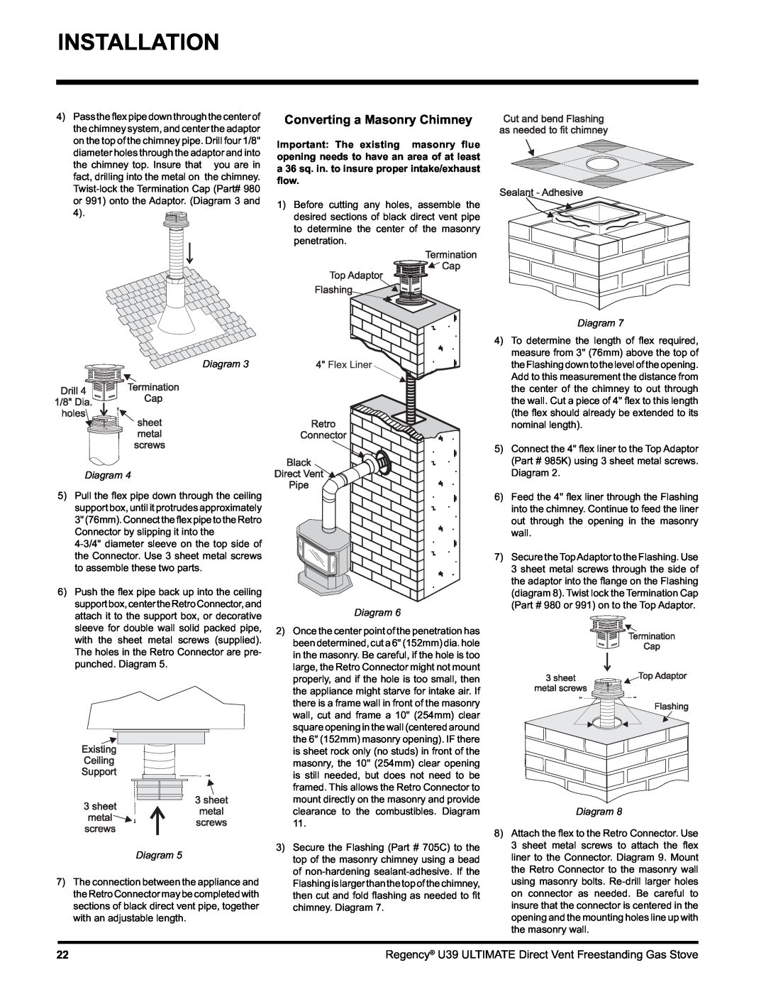 Regency U39-LP1, U39-NG1 installation manual Installation, Converting a Masonry Chimney, Diagram Diagram 