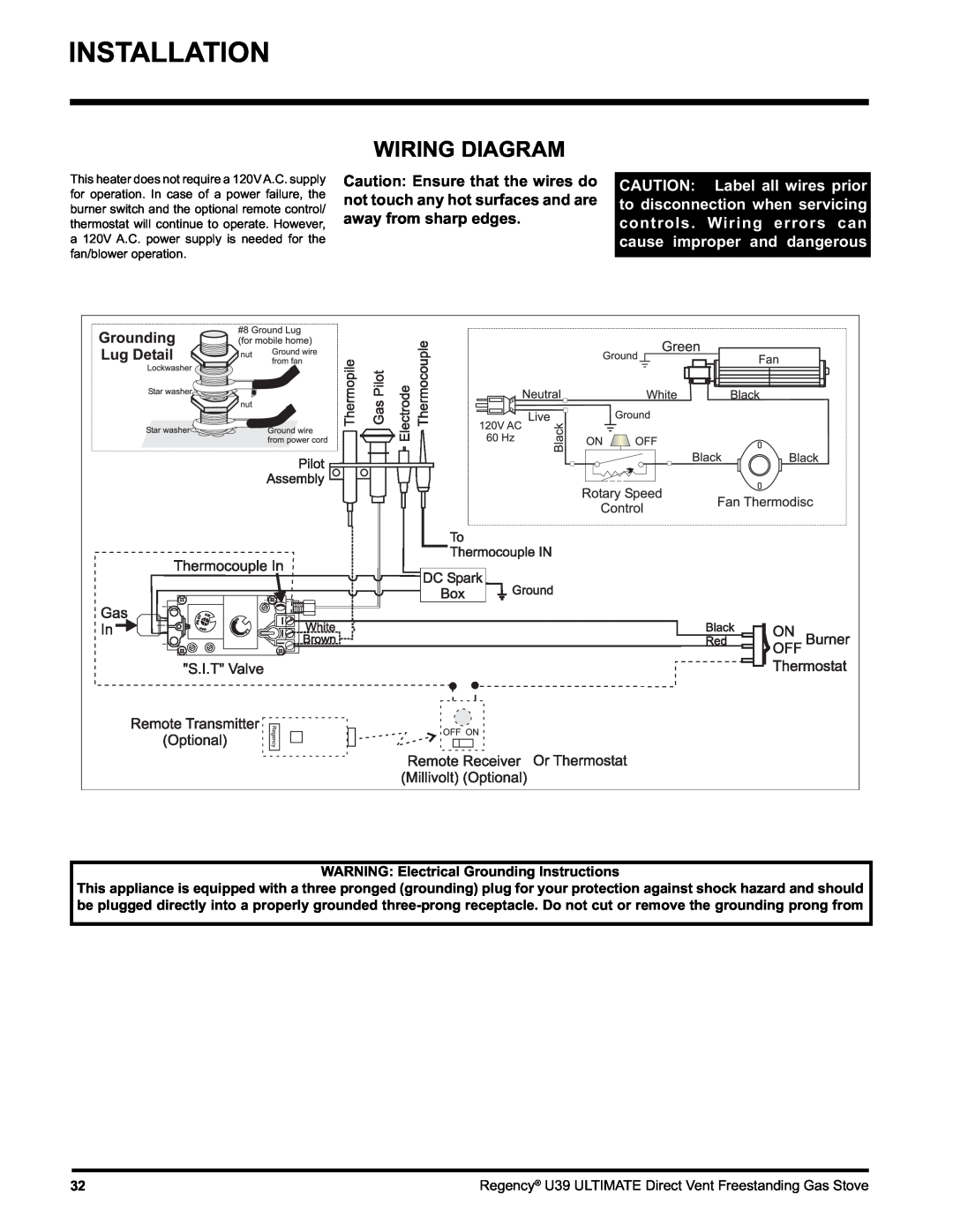 Regency U39-LP1, U39-NG1 installation manual Installation, Wiring Diagram 