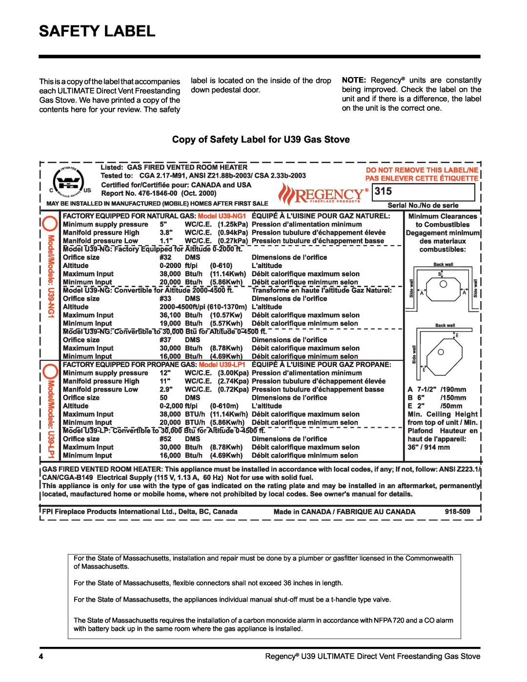 Regency U39-LP1, U39-NG1 installation manual Copy of Safety Label for U39 Gas Stove 