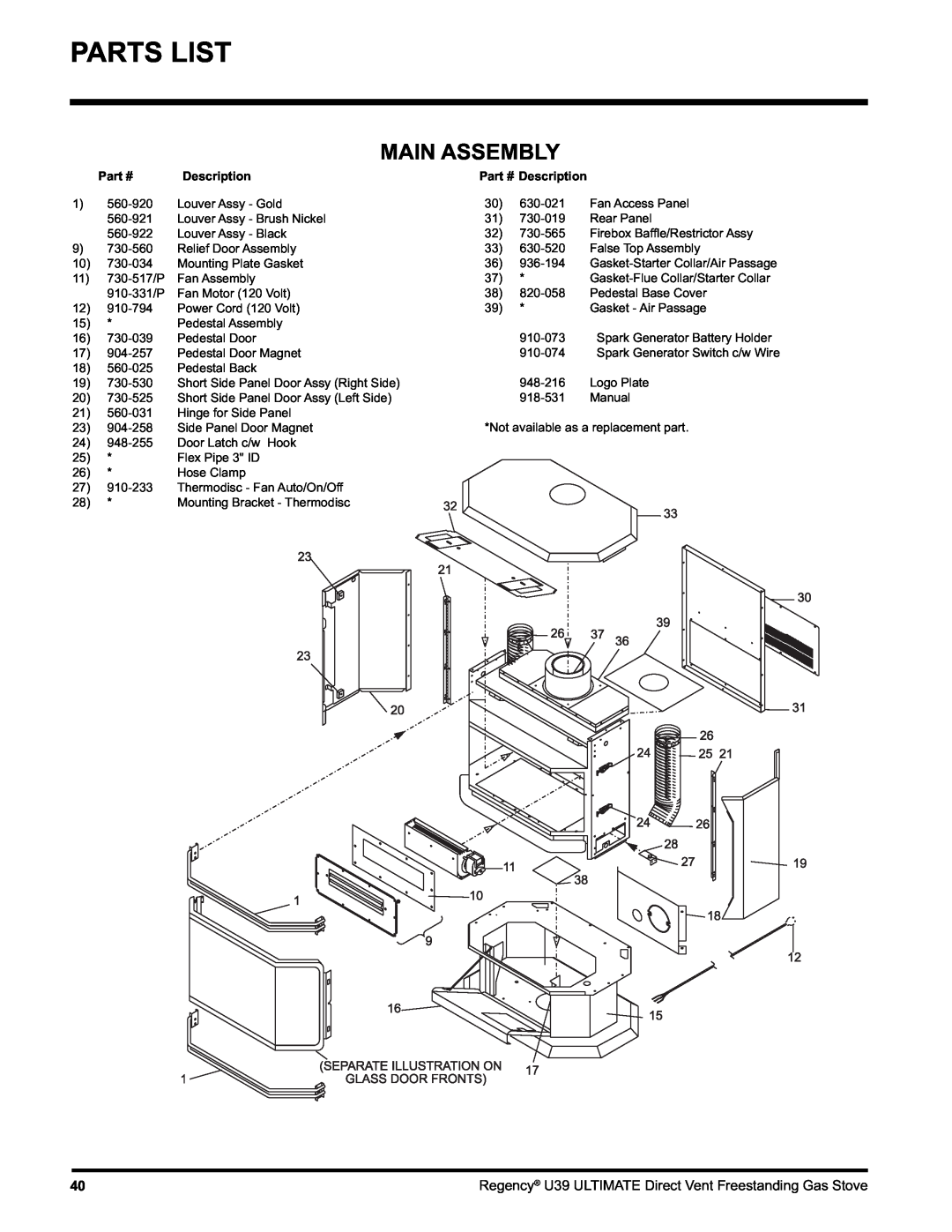 Regency U39-LP1, U39-NG1 installation manual Parts List, Main Assembly, Description 