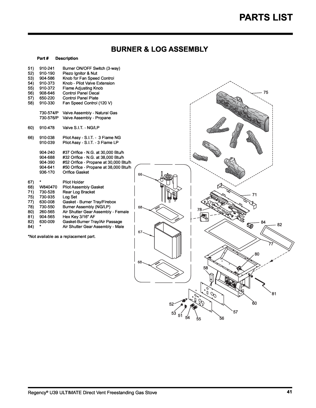 Regency U39-NG1, U39-LP1 installation manual Parts List, Burner & Log Assembly, Description 