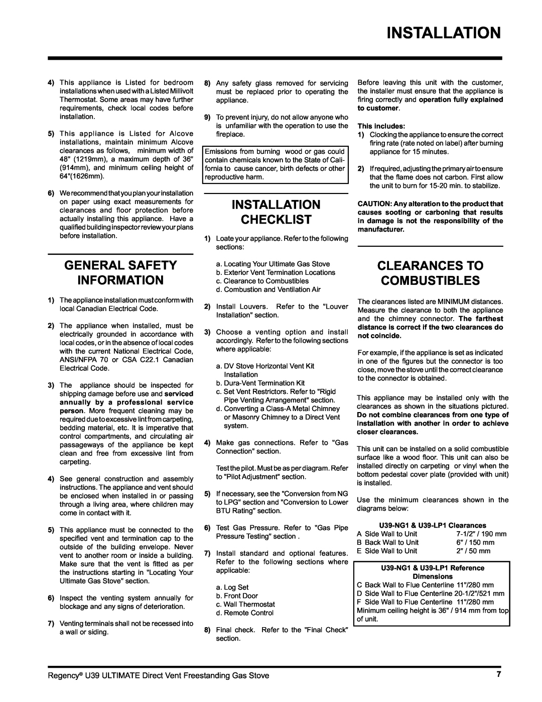 Regency U39-NG1, U39-LP1 Installation Checklist, General Safety Information, Clearances To Combustibles, This includes 