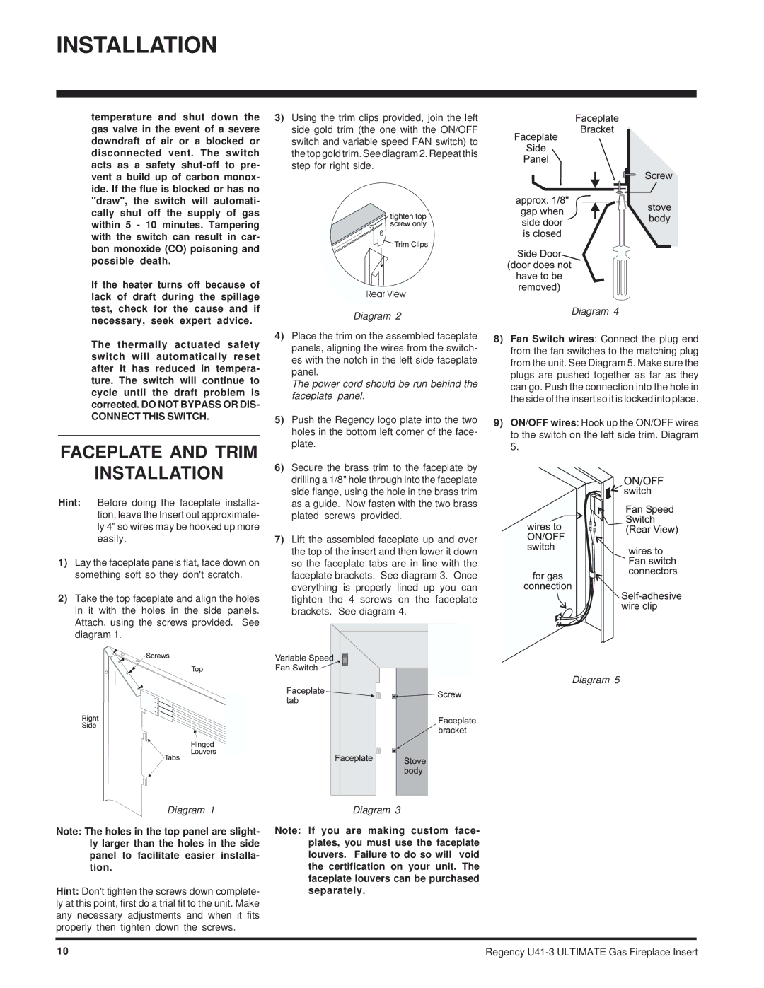 Regency U41-NG3, U41-LP3 installation manual Faceplate and Trim Installation, Diagram 