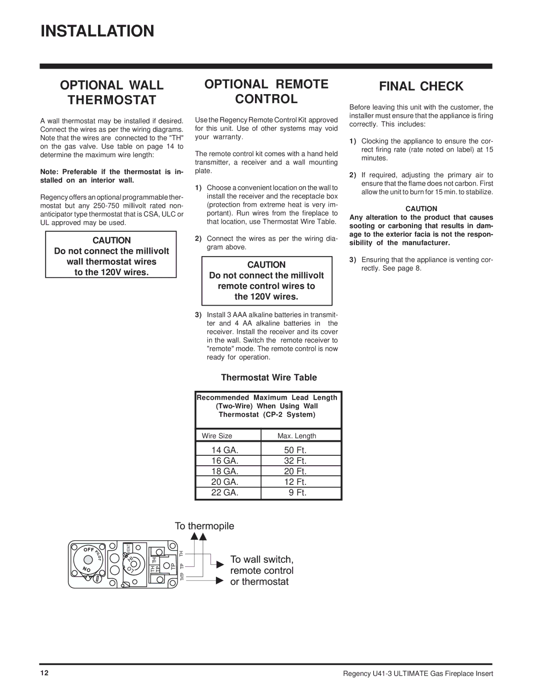 Regency U41-NG3, U41-LP3 installation manual Optional Remote, Control, Final Check 