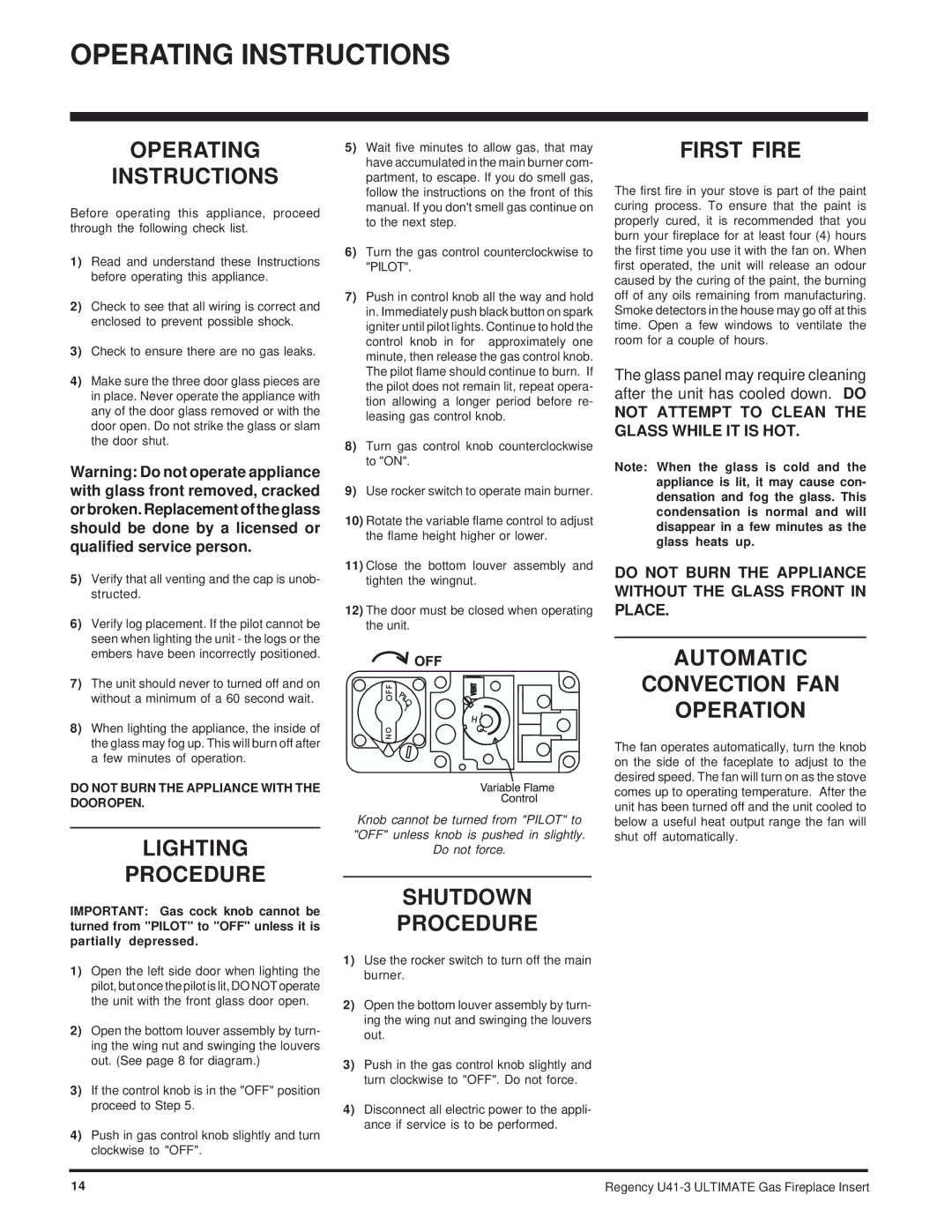 Regency U41-NG3, U41-LP3 installation manual Operating Instructions 