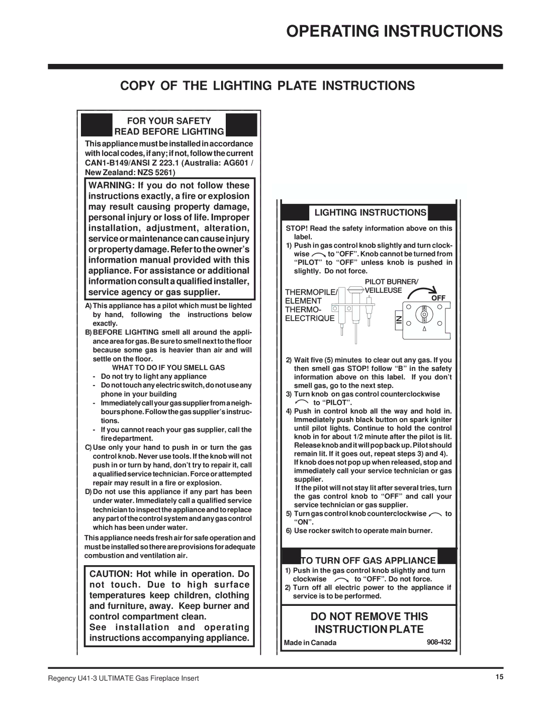 Regency U41-LP3, U41-NG3 Copy of the Lighting Plate Instructions, Push in the gas control knob slightly and turn Clockwise 