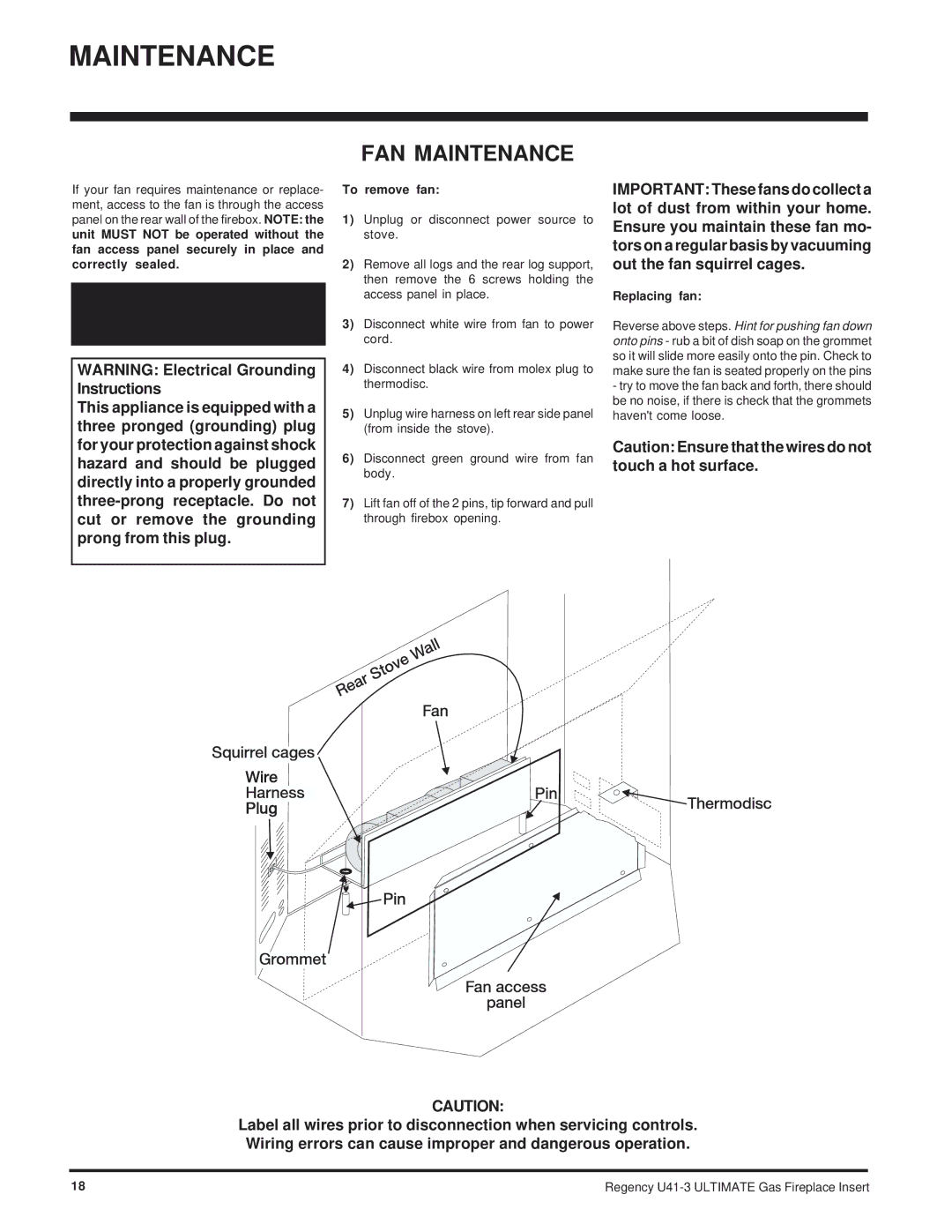 Regency U41-NG3, U41-LP3 installation manual FAN Maintenance, To remove fan, Replacing fan 