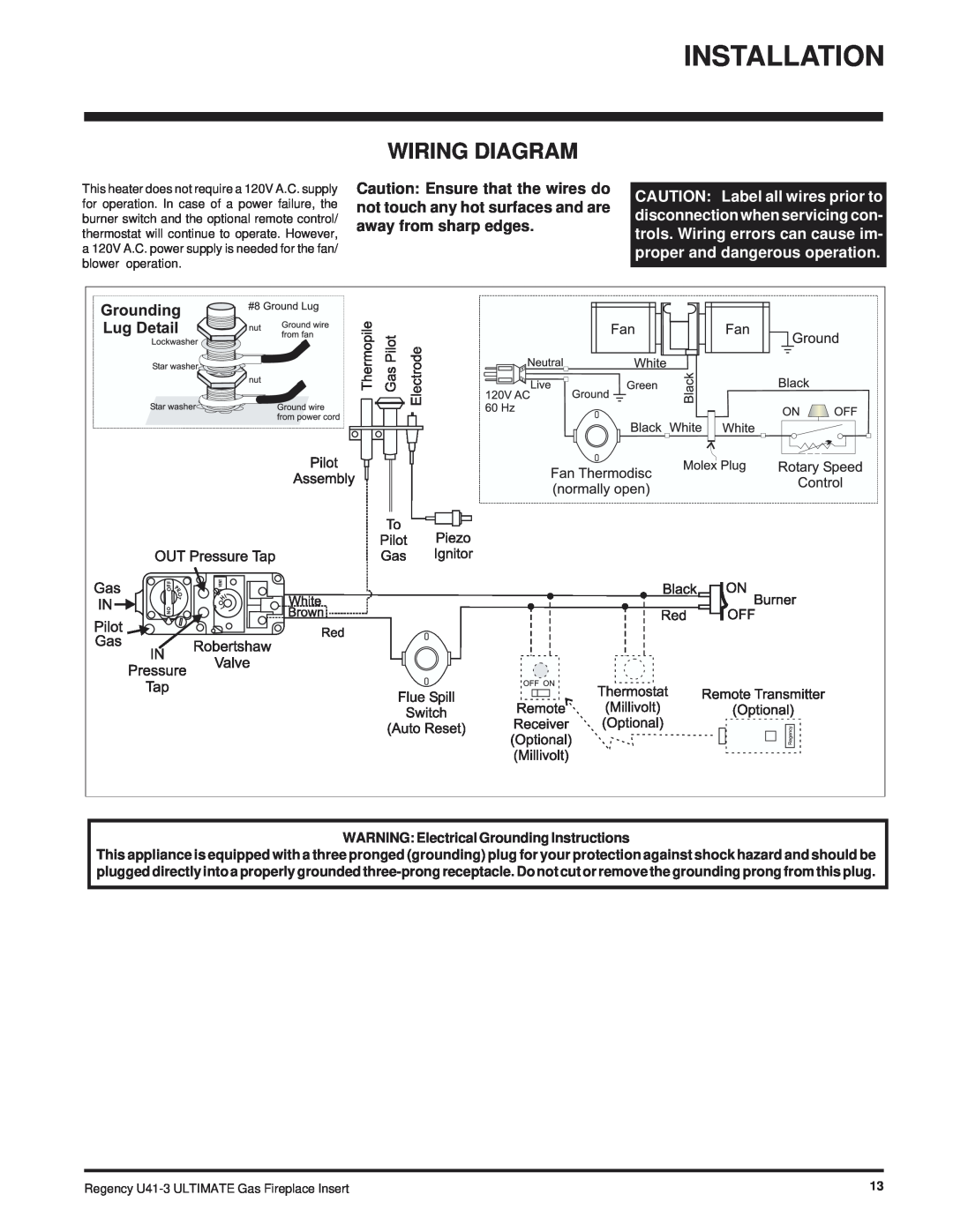 Regency U41-LP3, U41-NG3 installation manual Wiring Diagram, WARNING: Electrical Grounding Instructions 