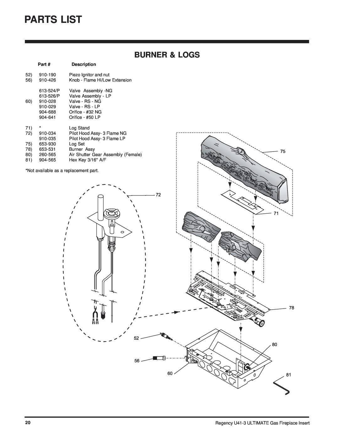 Regency U41-NG3, U41-LP3 installation manual Burner & Logs, Part # 