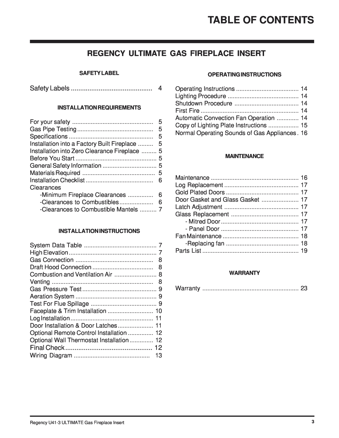 Regency U41-LP3, U41-NG3 Table Of Contents, Regency Ultimate Gas Fireplace Insert, Safety Labels, Final Check 