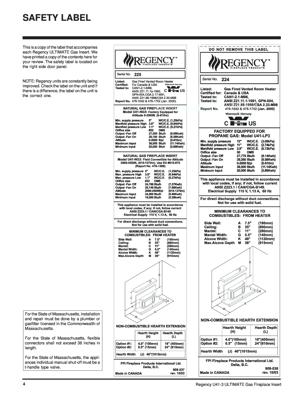 Regency U41-NG3, U41-LP3 installation manual Safety Label 