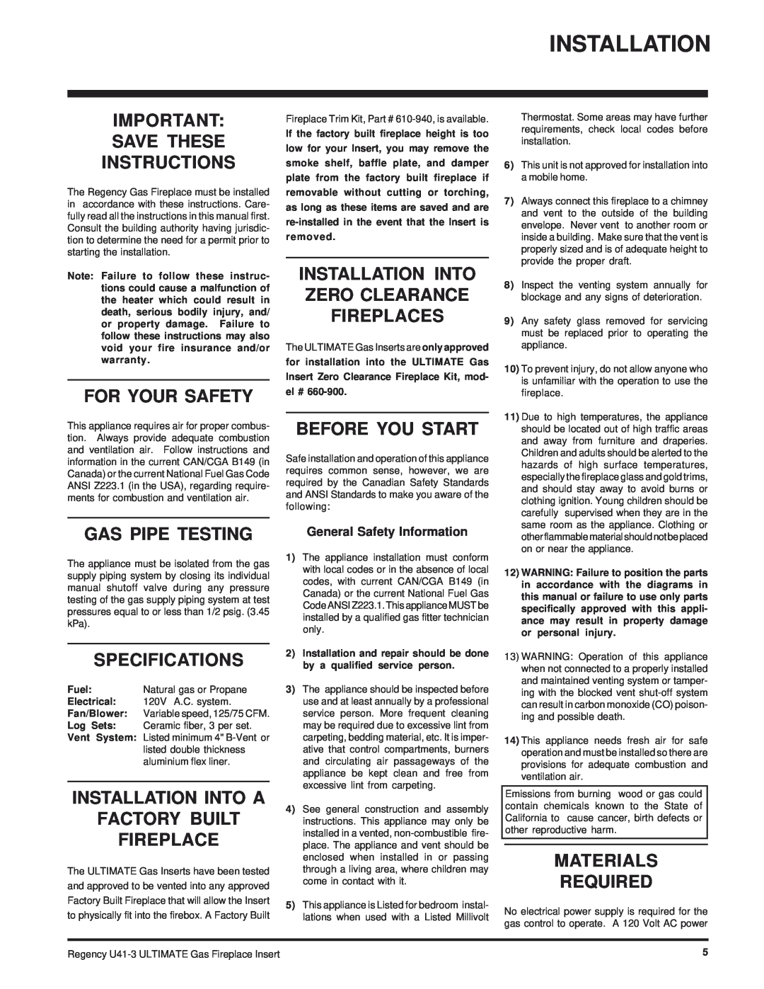 Regency U41-LP3 Save These Instructions, For Your Safety, Gas Pipe Testing, Specifications, Before You Start, removed 