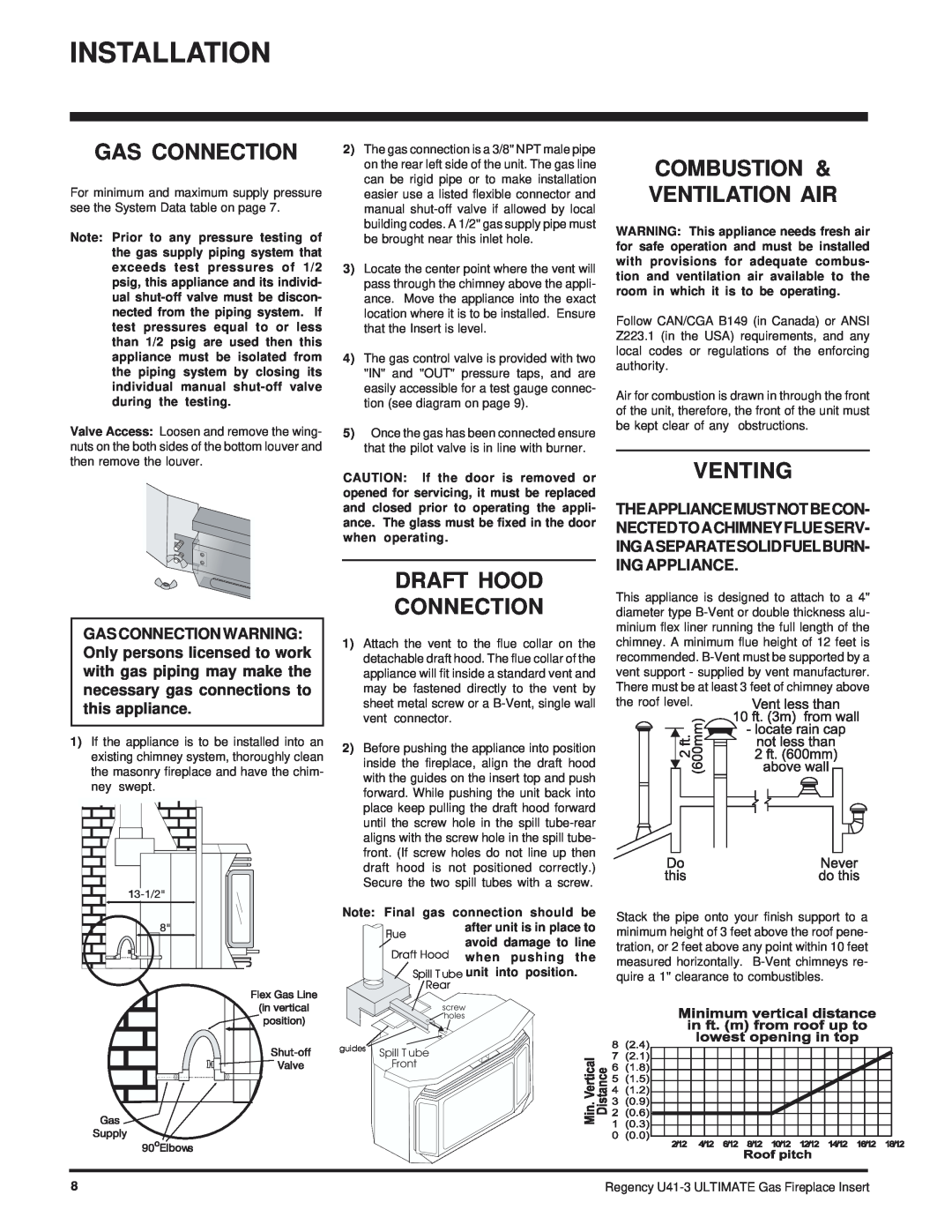 Regency U41-NG3, U41-LP3 installation manual Gas Connection, Draft Hood Connection, Combustion & Ventilation Air, Venting 