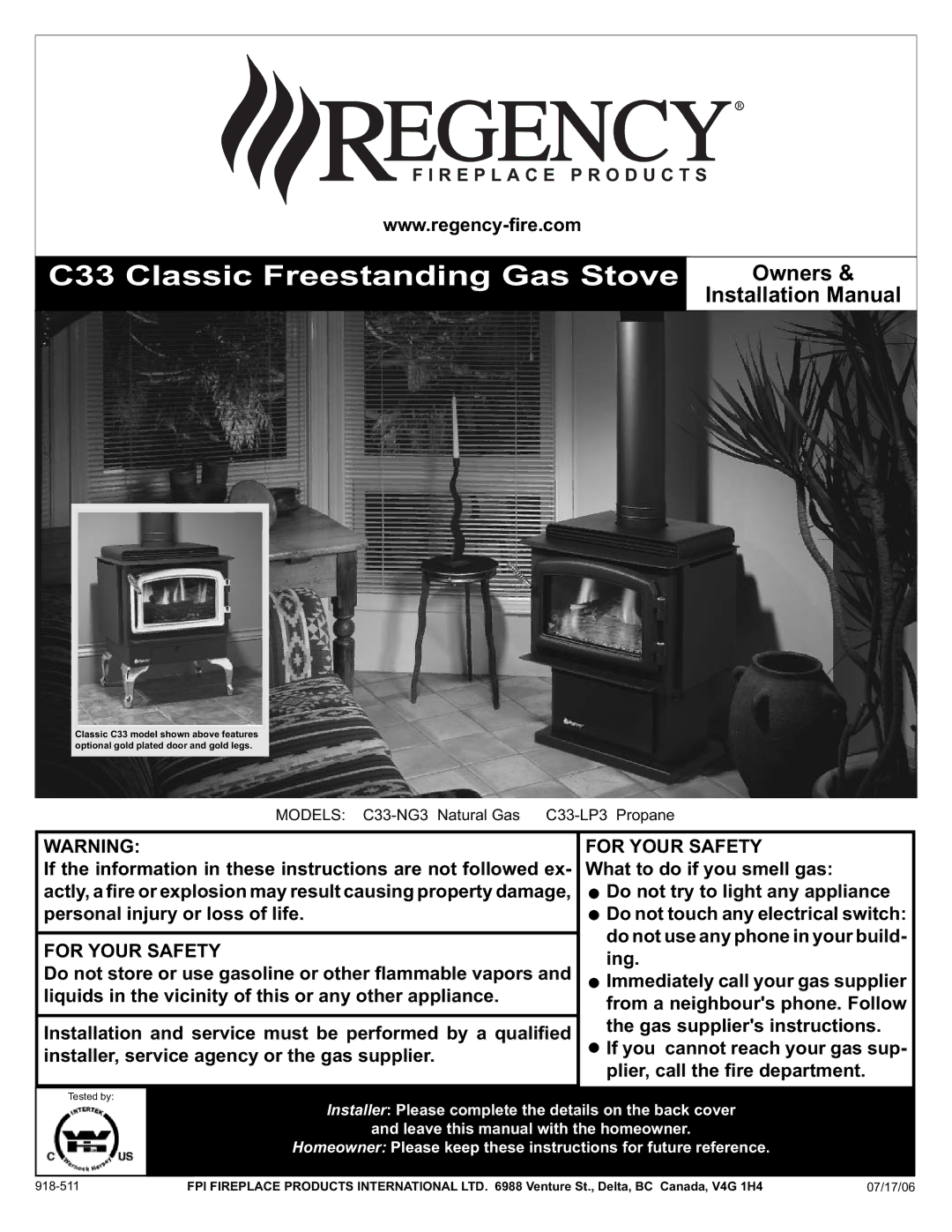 Regency Wraps C33-NG3, C33-LP3 installation manual C33 Classic Freestanding Gas Stove 