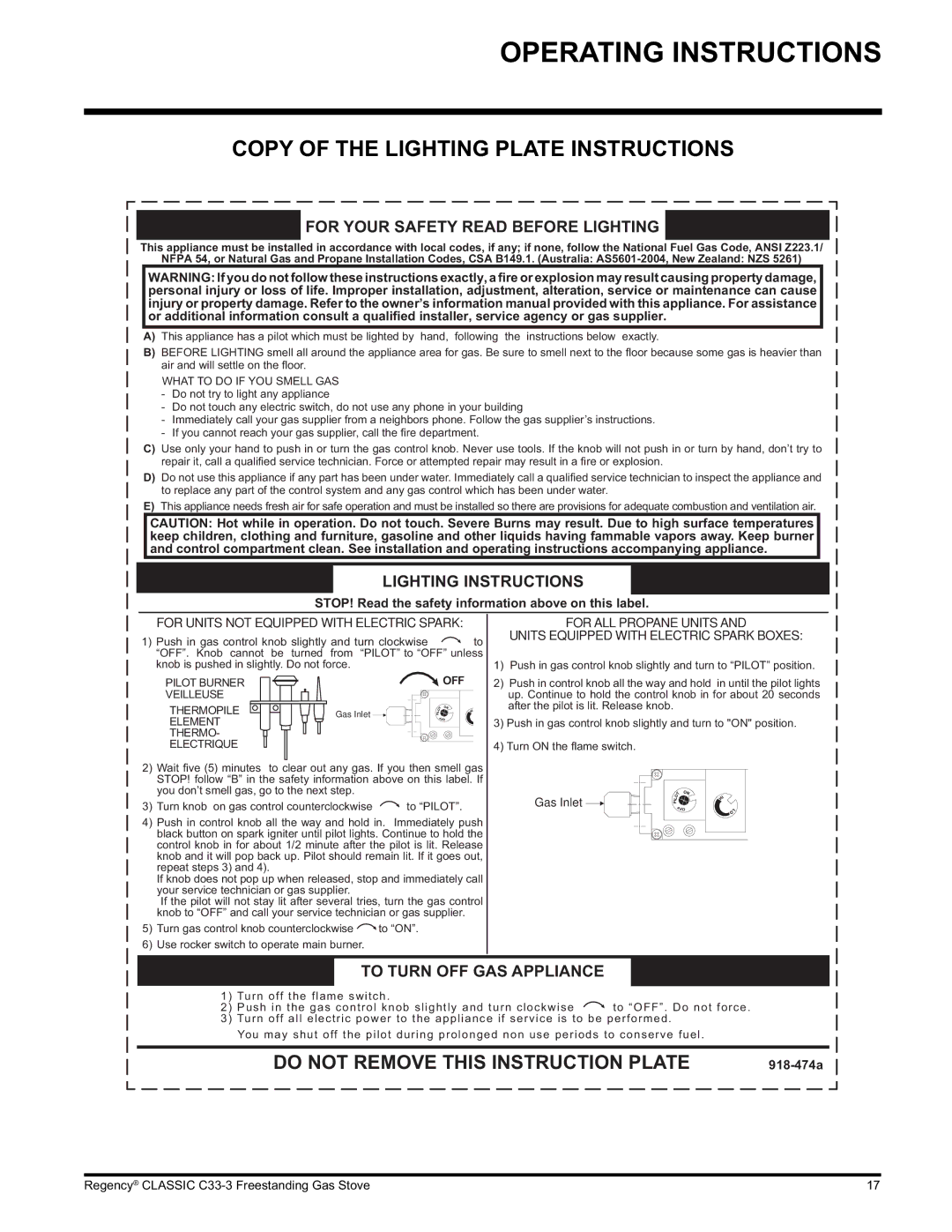 Regency Wraps C33-NG3, C33-LP3 Copy of the Lighting Plate Instructions, For Your Safety Read Before Lighting 