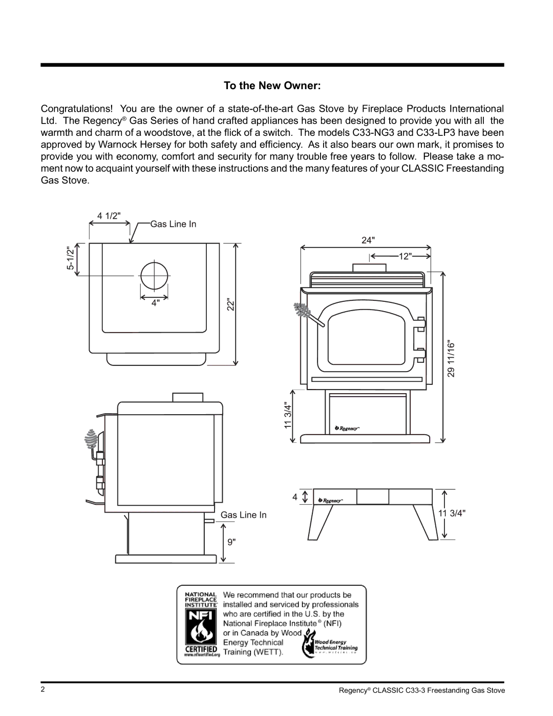 Regency Wraps C33-LP3, C33-NG3 installation manual To the New Owner 