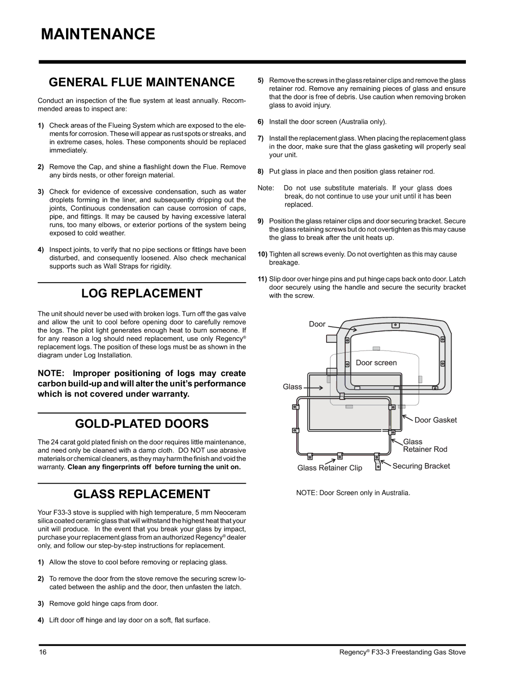 Regency Wraps F33 installation manual General Flue Maintenance, LOG Replacement, GOLD-PLATED Doors, Glass Replacement 