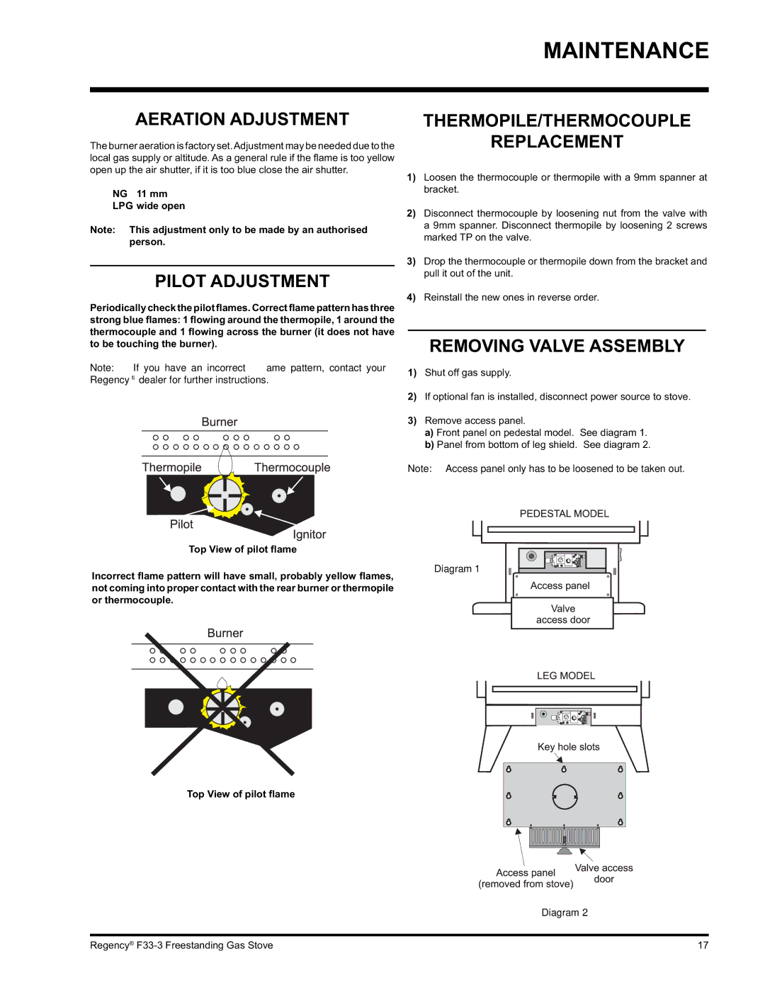 Regency Wraps F33 Aeration Adjustment, Pilot Adjustment, THERMOPILE/THERMOCOUPLE Replacement, Removing Valve Assembly 