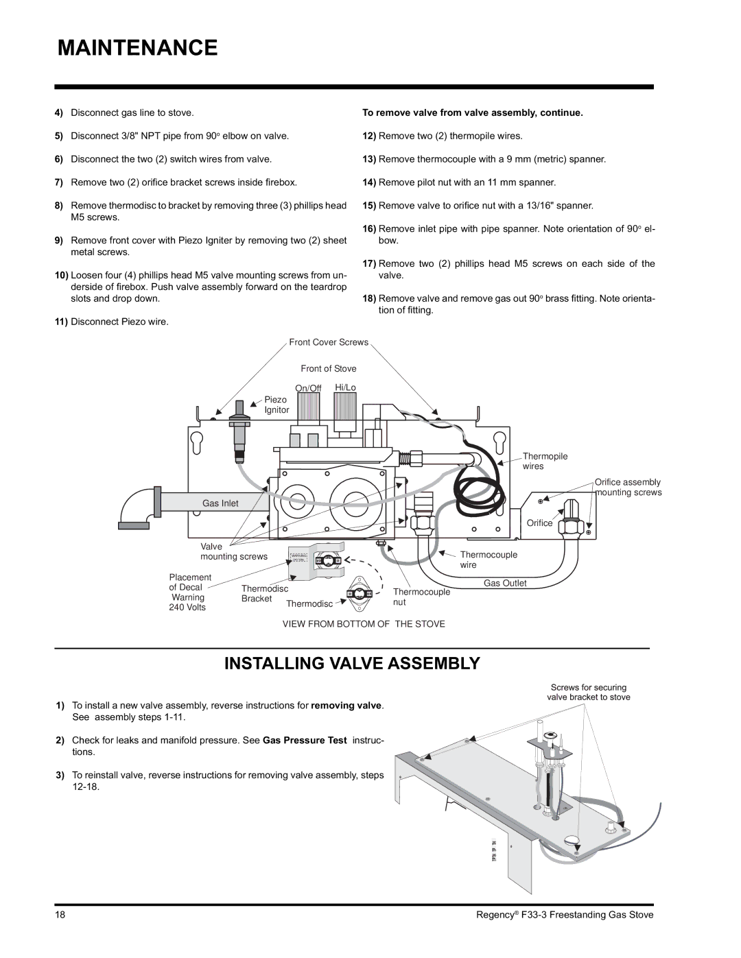 Regency Wraps F33 installation manual Installing Valve Assembly, To remove valve from valve assembly, continue 