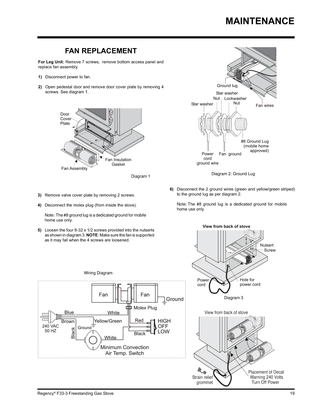 Regency Wraps F33 installation manual FAN Replacement, Wiring Diagram Diagram 2 Ground Lug 