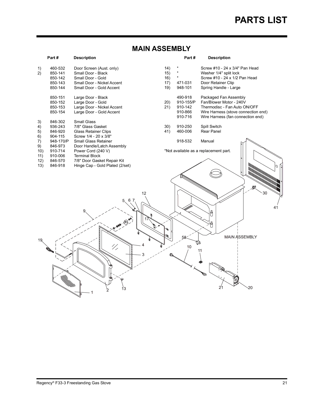 Regency Wraps F33 installation manual Parts List, Main Assembly, Description 