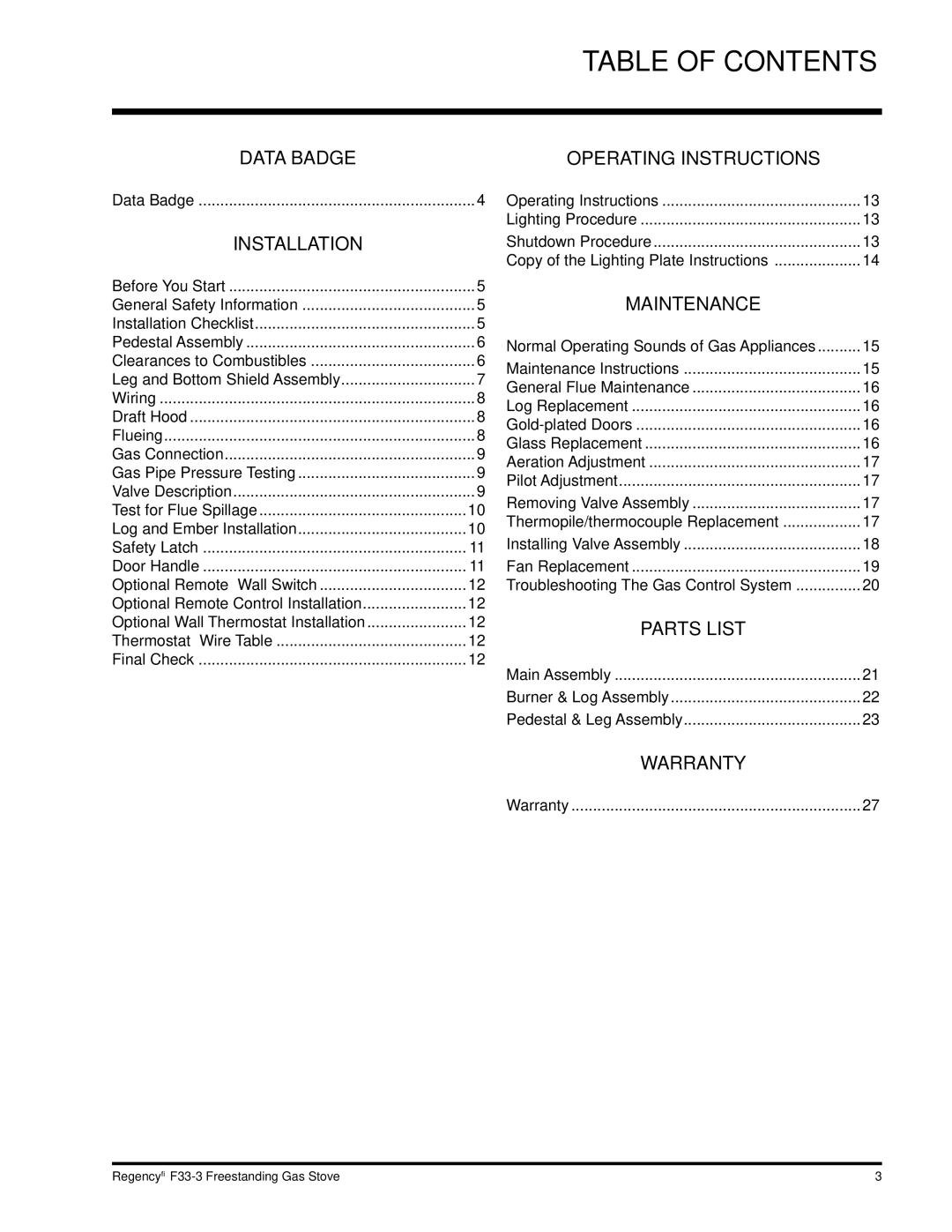 Regency Wraps F33 installation manual Table of Contents 