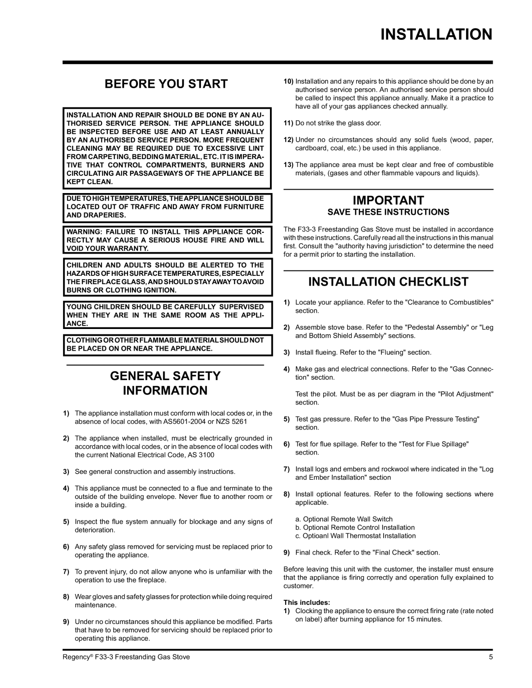 Regency Wraps F33 Before YOU Start, General Safety Information, Installation Checklist, This includes 