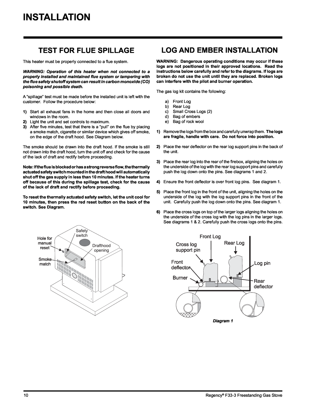 Regency Wraps F33 installation manual Test For Flue Spillage, Log And Ember Installation, Diagram 