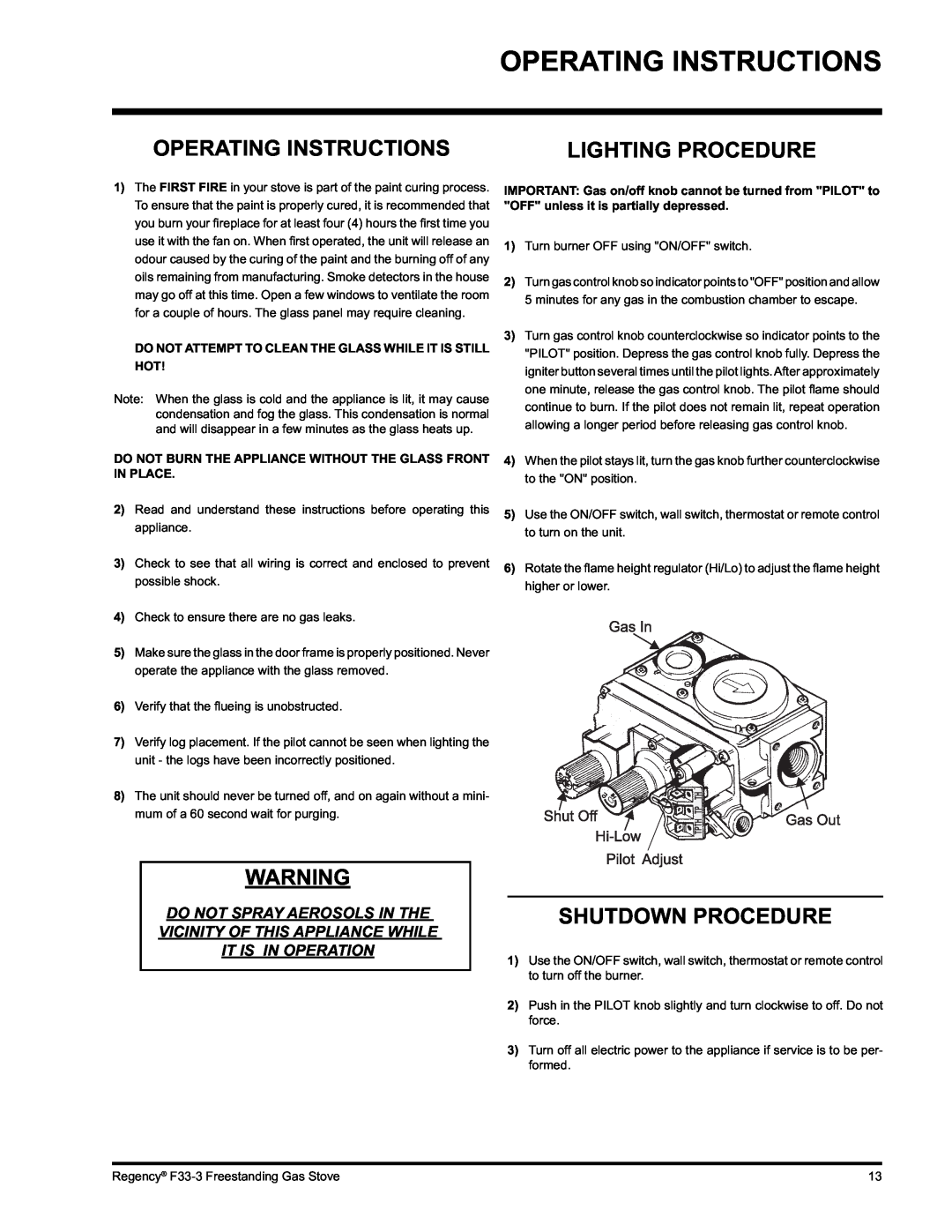 Regency Wraps F33 installation manual Operating Instructions, Shutdown Procedure, Lighting Procedure 