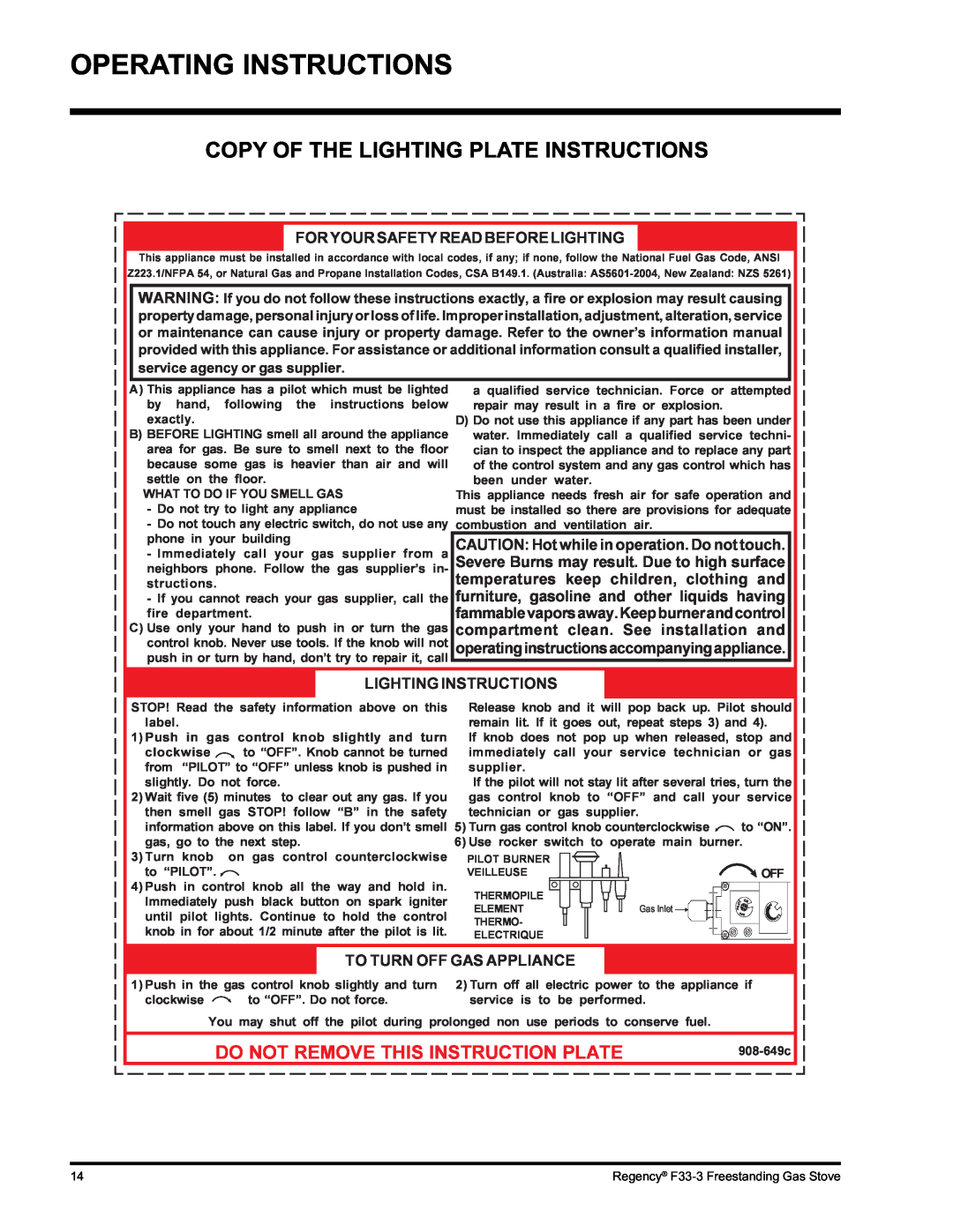 Regency Wraps F33 Copy Of The Lighting Plate Instructions, Operating Instructions, Do Not Remove This Instruction Plate 