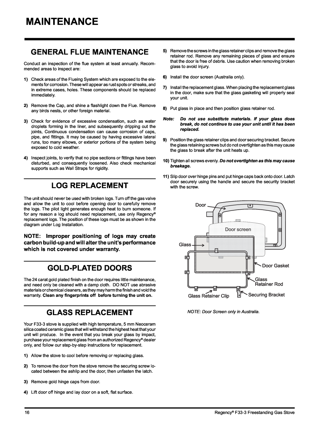 Regency Wraps F33 installation manual General Flue Maintenance, Log Replacement, Gold-Plateddoors, Glass Replacement 