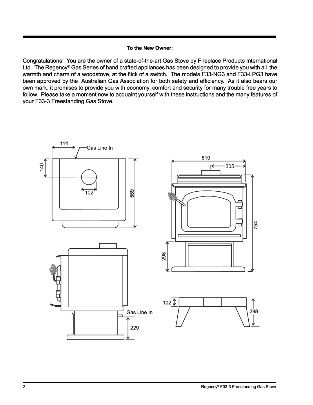Regency Wraps installation manual To the New Owner, Regency F33-3Freestanding Gas Stove 