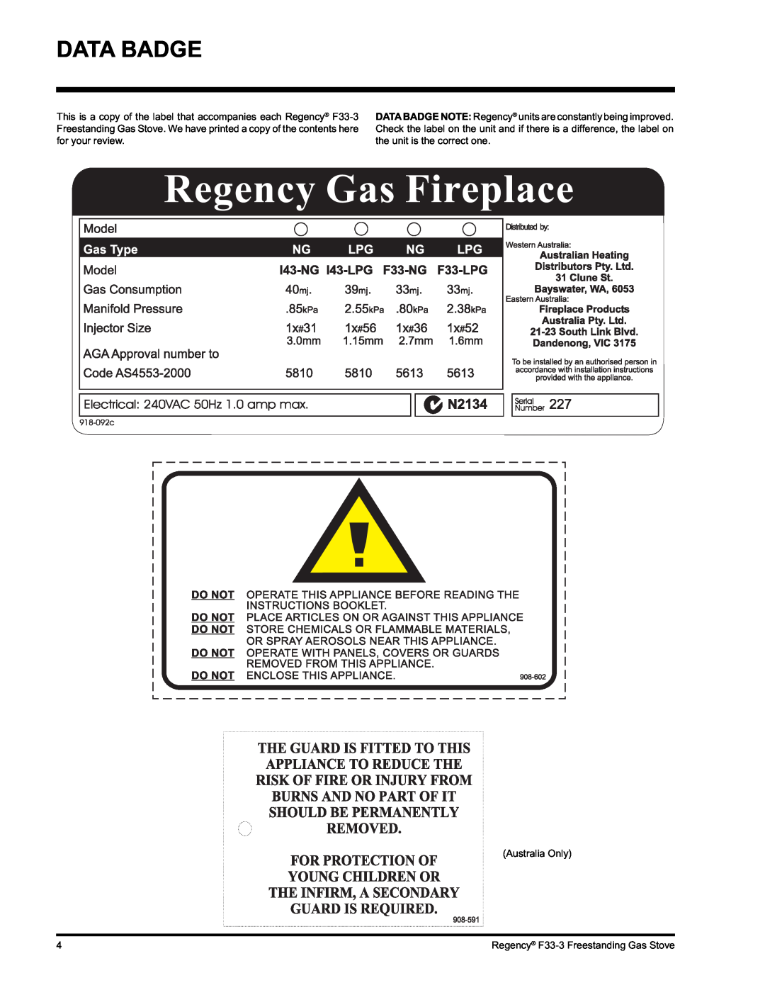 Regency Wraps installation manual Data Badge, Australia Only, Regency F33-3Freestanding Gas Stove 