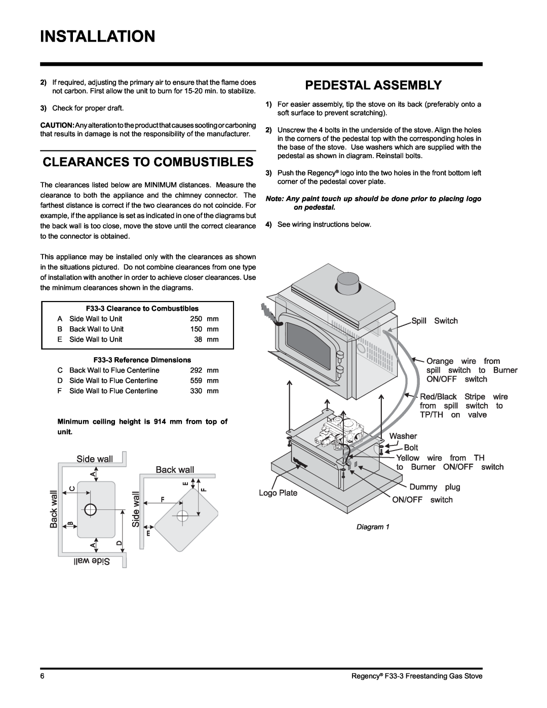 Regency Wraps Clearances To Combustibles, Pedestal Assembly, Installation, F33-3Reference Dimensions, Diagram 