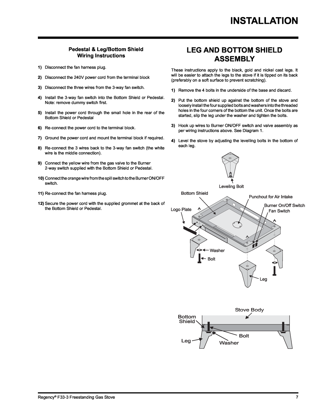 Regency Wraps F33 Leg And Bottom Shield Assembly, Installation, Pedestal & Leg/Bottom Shield Wiring Instructions 