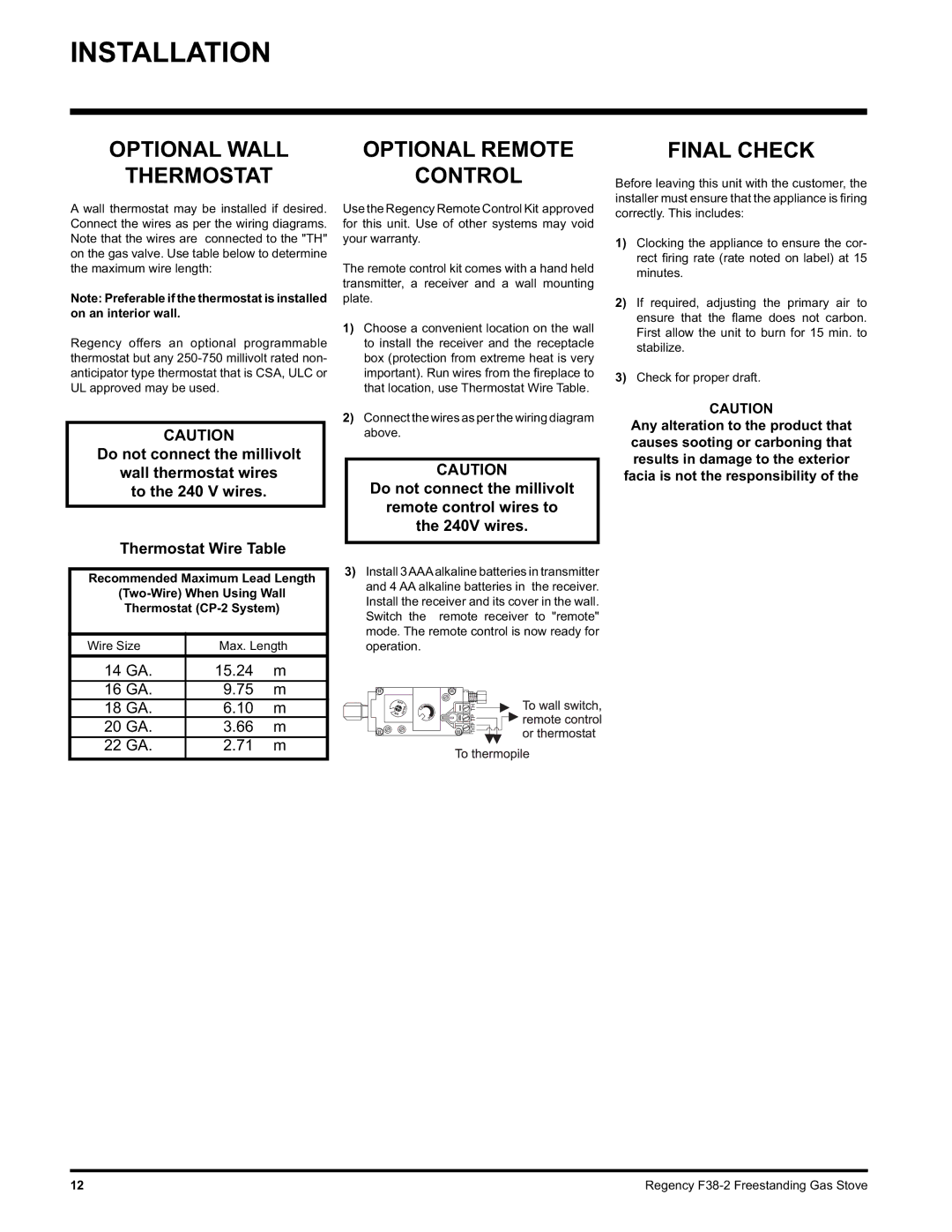 Regency Wraps F38-LPG2, F38-NG2 installation manual Final Check, 14 GA 15.24 16 GA 18 GA 20 GA 22 GA 