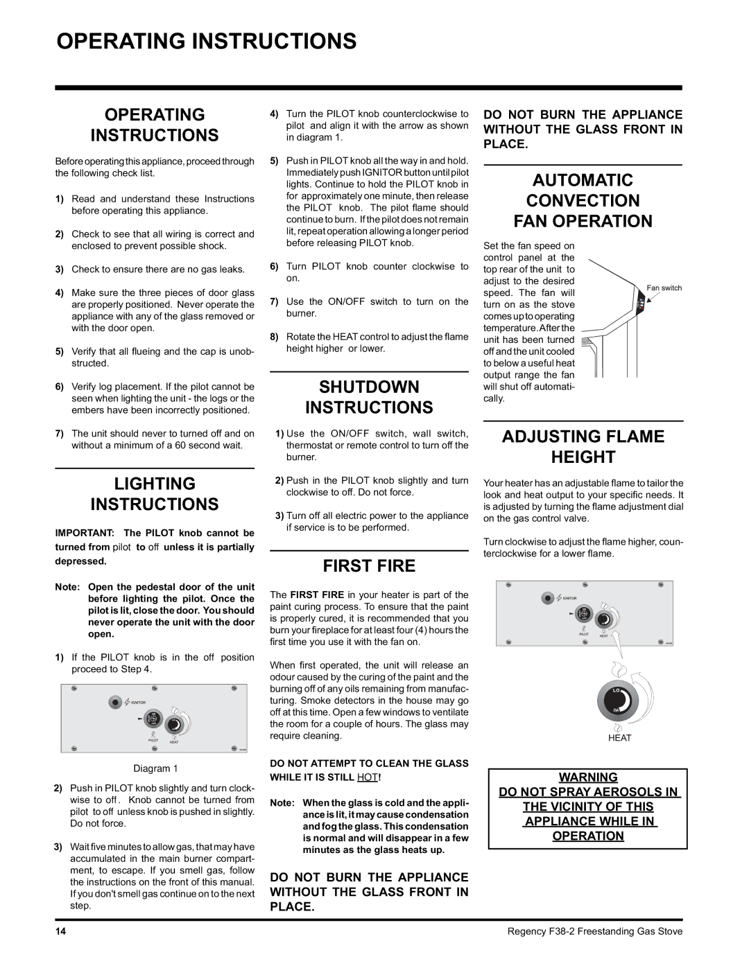 Regency Wraps F38-LPG2, F38-NG2 installation manual Operating Instructions 