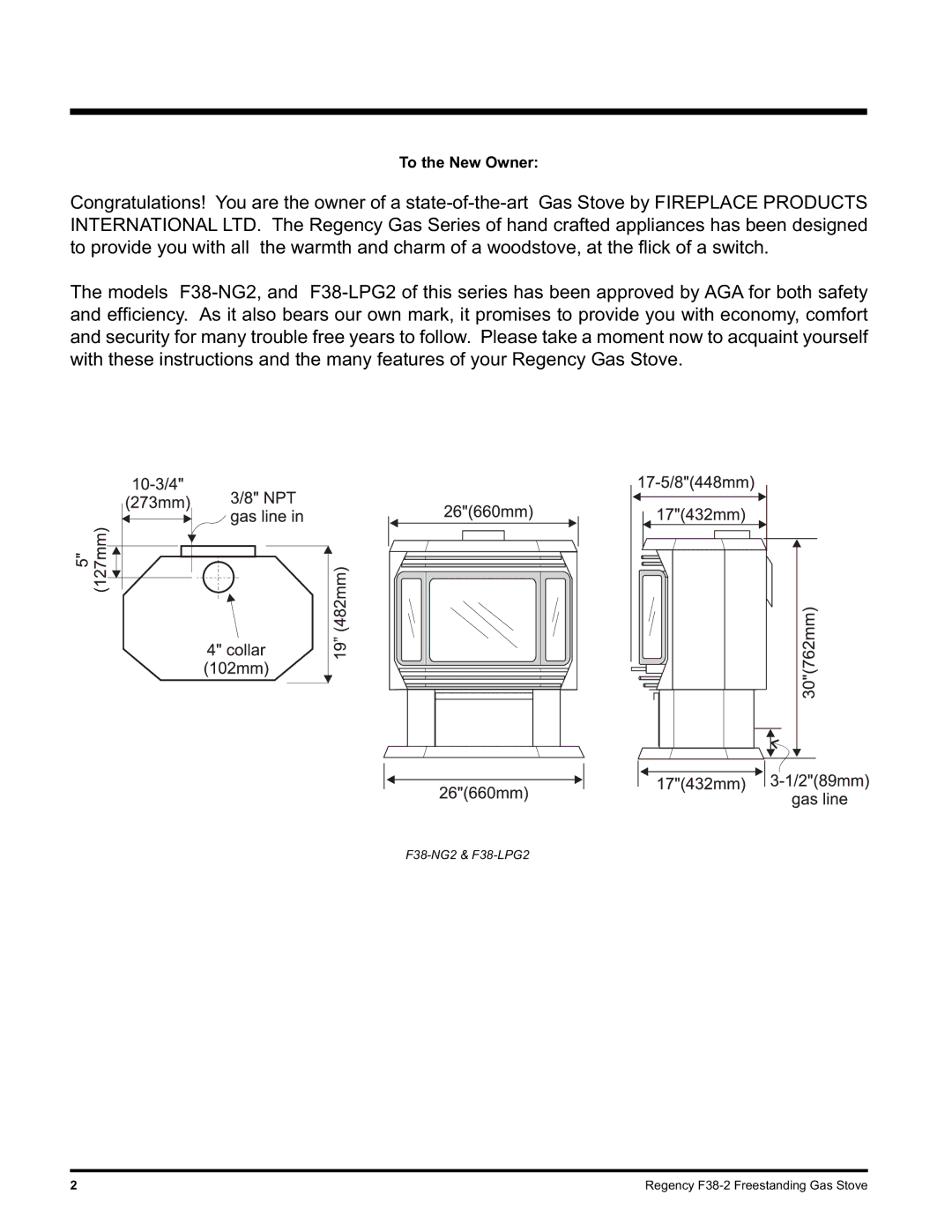 Regency Wraps F38-LPG2, F38-NG2 installation manual To the New Owner 