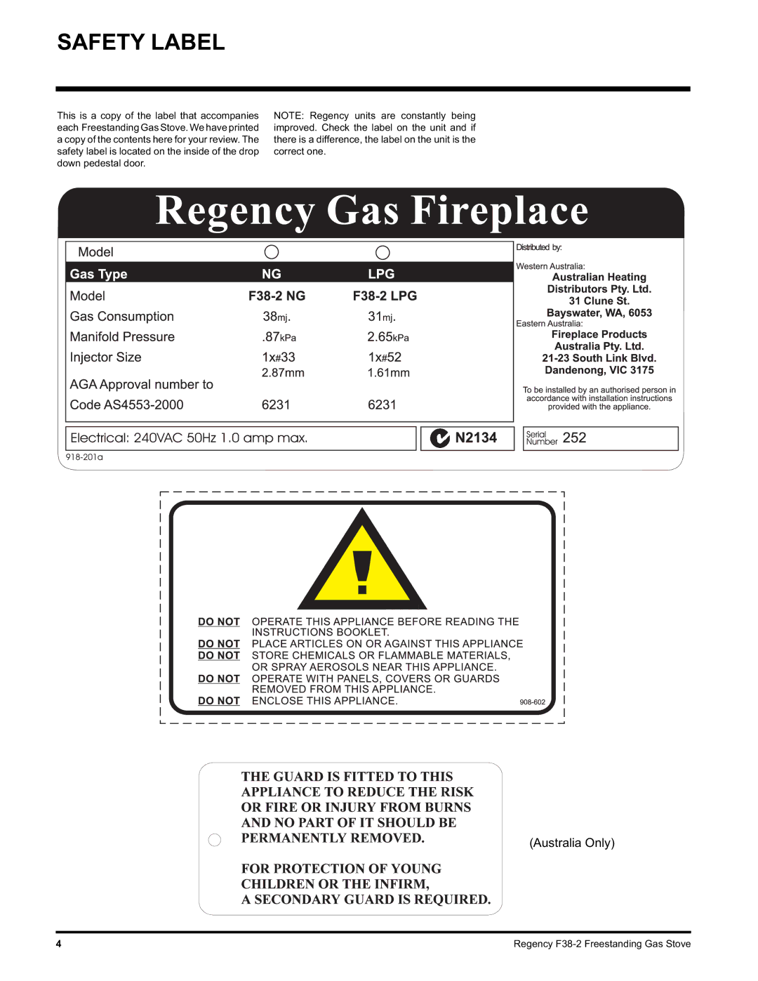 Regency Wraps F38-LPG2, F38-NG2 installation manual Safety Label 