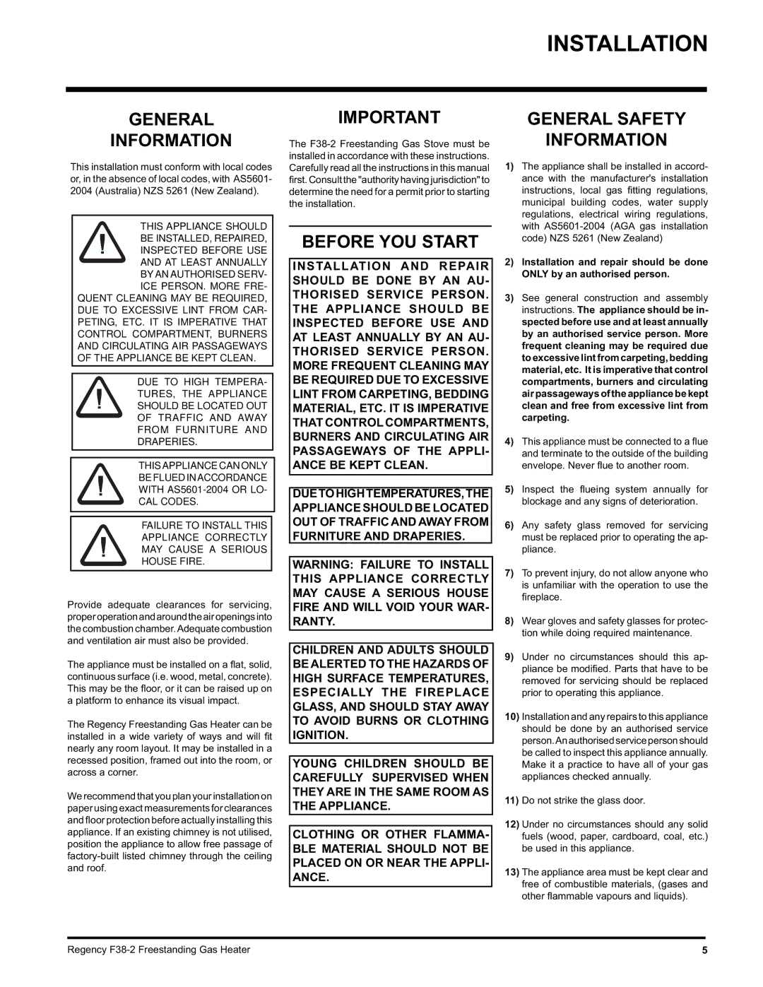 Regency Wraps F38-NG2, F38-LPG2 Installation, General Information, Before YOU Start, General Safety Information 