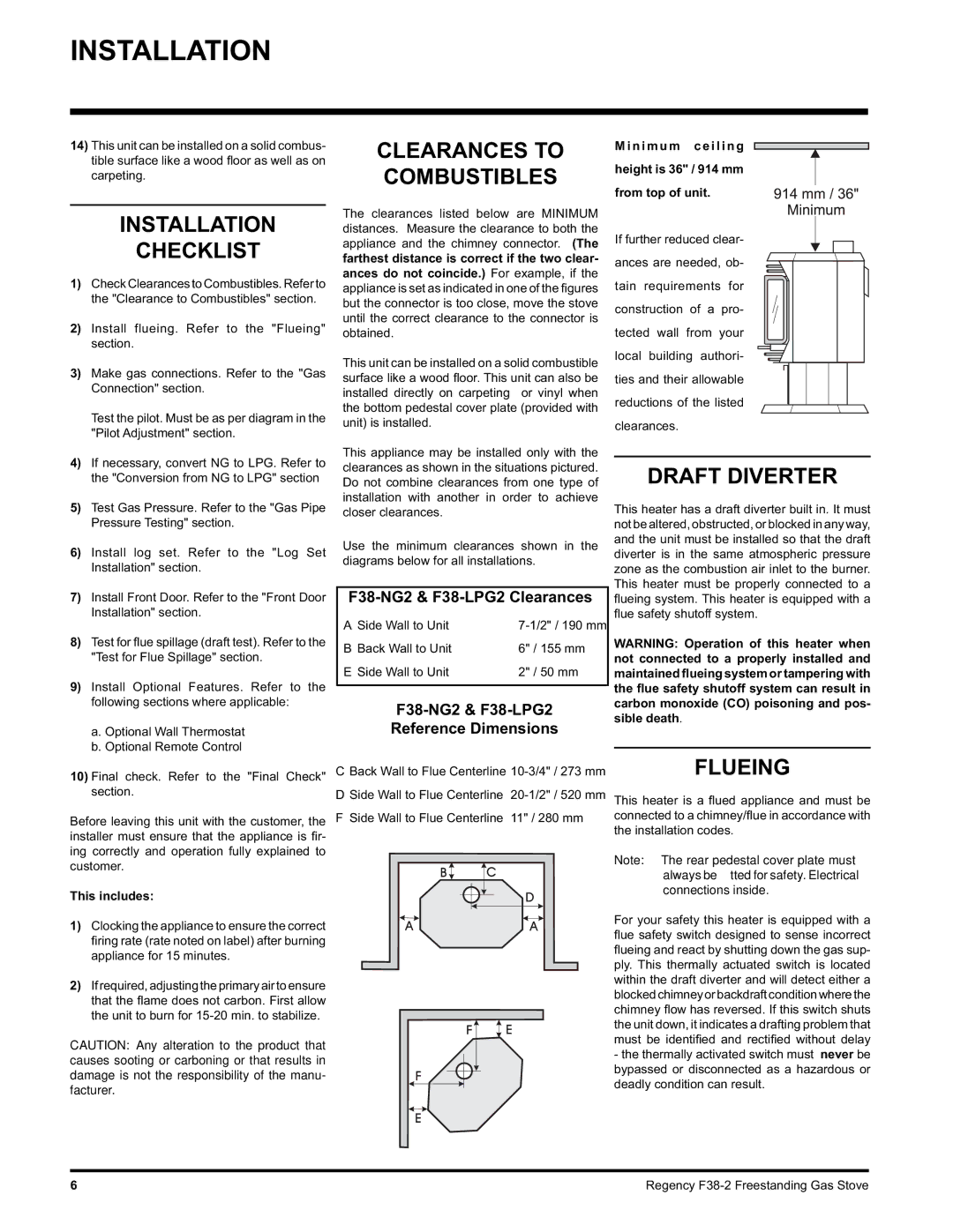 Regency Wraps F38-LPG2, F38-NG2 Installation Checklist, Clearances to Combustibles, Draft Diverter, Flueing 