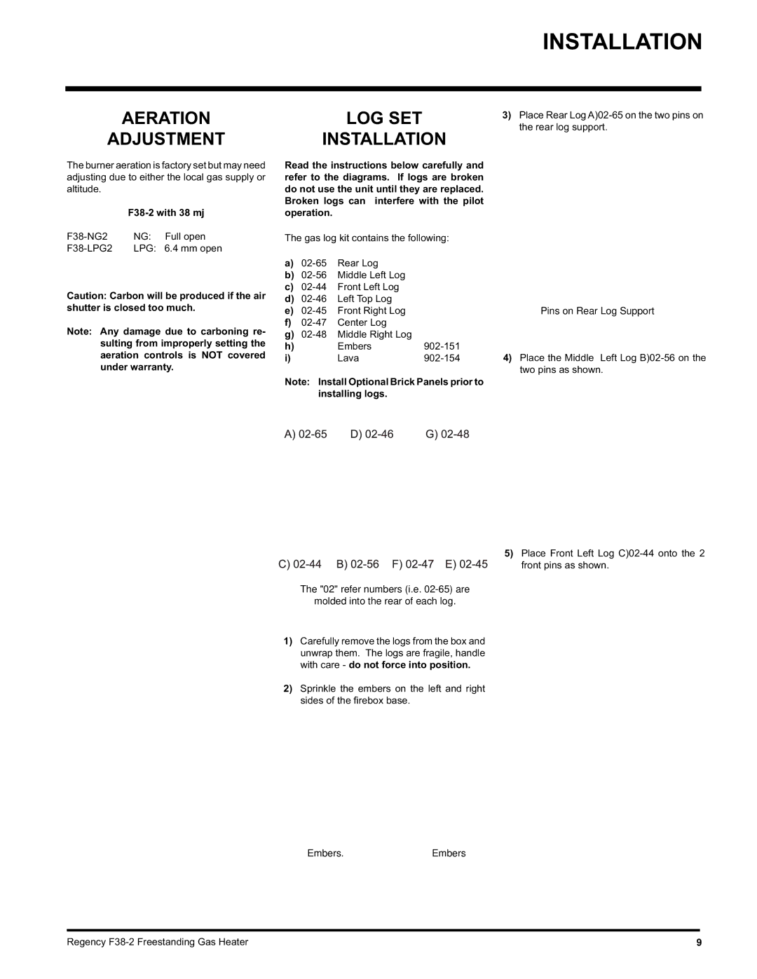 Regency Wraps F38-NG2, F38-LPG2 installation manual Aeration Adjustment, LOG SET Installation, F38-2 with 38 mj 