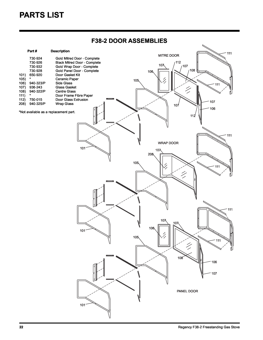 Regency Wraps F38-LPG2, F38-NG2 installation manual F38-2DOOR ASSEMBLIES, Parts List, Description 