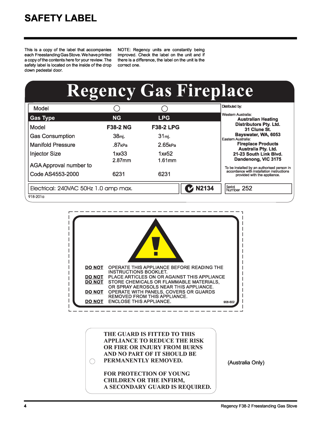 Regency Wraps F38-LPG2, F38-NG2 installation manual Safety Label, Australia Only 