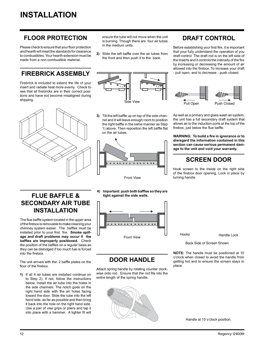 Regency Wraps I2400M installation manual Floor Protection, Firebrick Assembly, Draft Control, Screen Door, Door Handle 