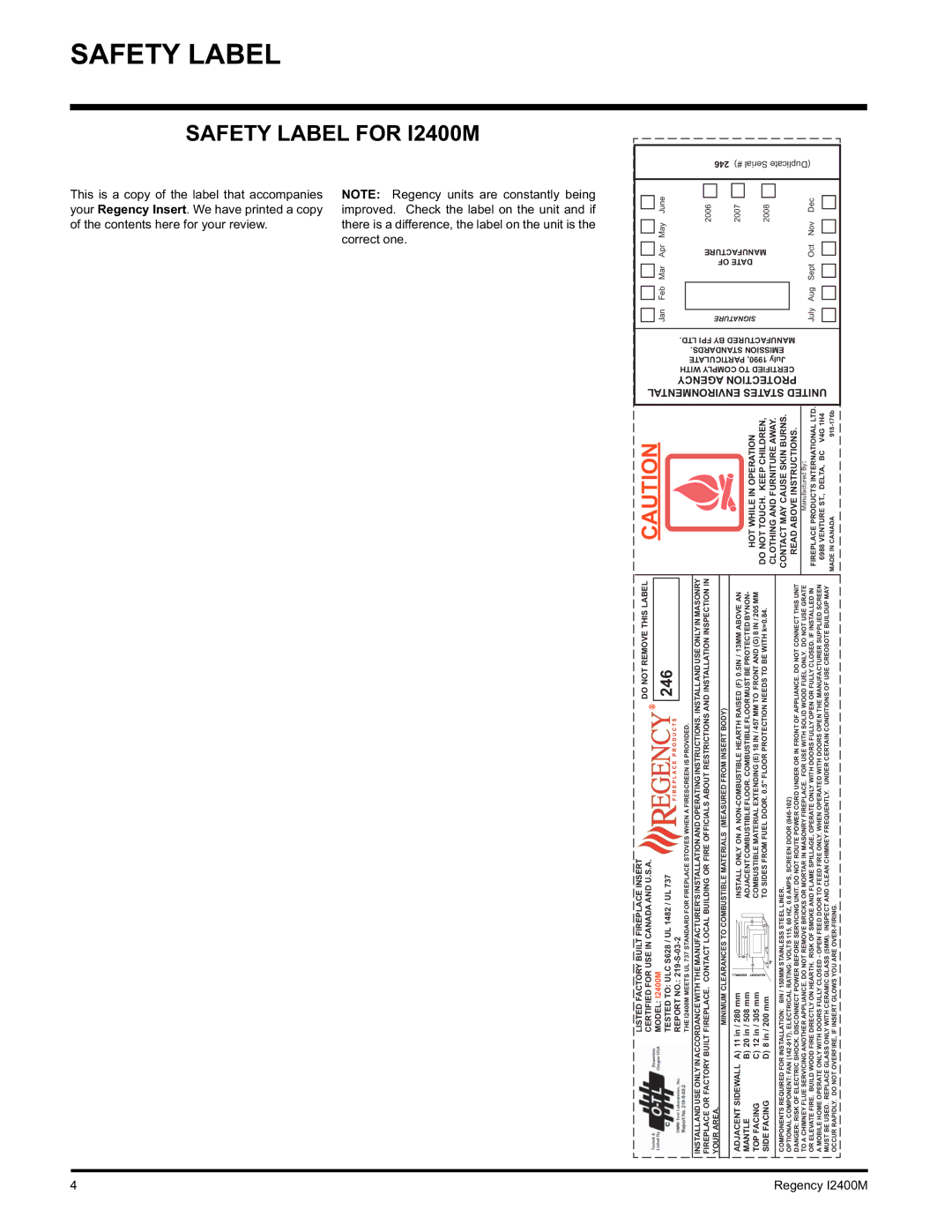 Regency Wraps installation manual Safety Label for I2400M 