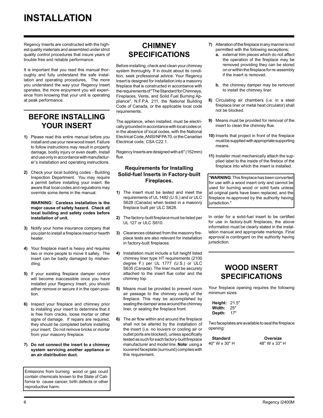 Regency Wraps I2400M Installation, Before Installing Your Insert, Chimney Specifications, Wood Insert Specifications 